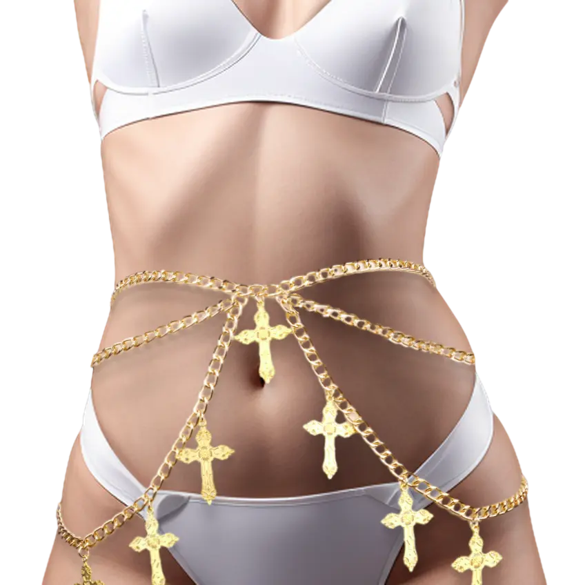 Wholesale Hollow Out Cross Pendant Waist Body Chain With Wave-like Dangle Women Sexy Gold Fashion Jewelry Body Chain