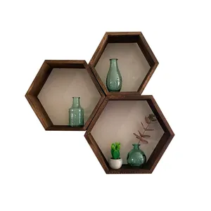 Geometric Set of 3 Wood Honeycomb Beautiful Hexagon Floating Wall Shelves Hexagon Wall Decor with Hanging Hardware for Home