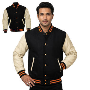 ผู้ผลิตเสื้อผ้าตามสั่ง เสื้อแจ็คเก็ตหนังแขนยาวสไตล์สตรีทแวร์  แบบ Letterman Varsity สำหรับผู้ชาย สีดำ ชุดลำลอง - Product Image 1