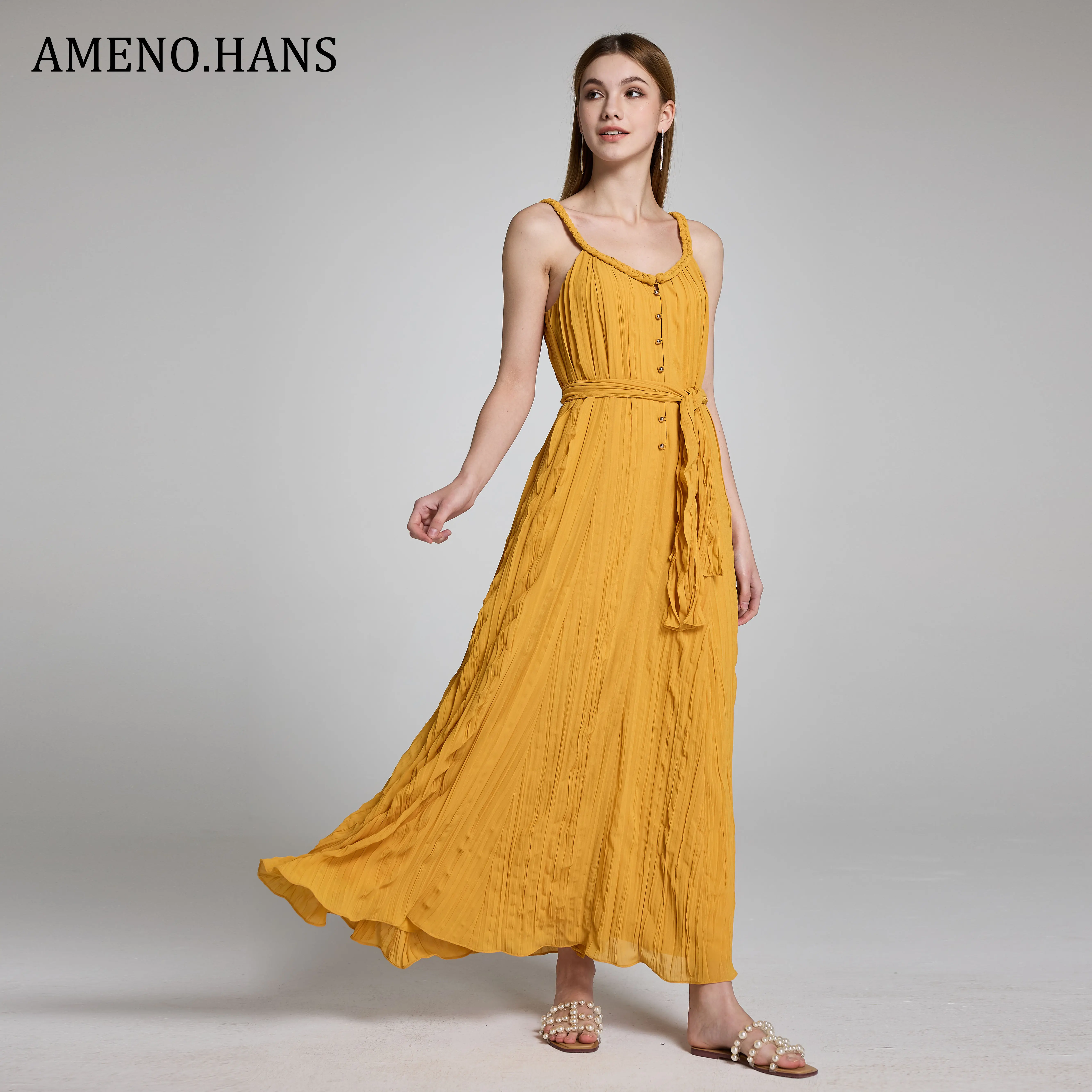 Custom High Quality Ladies Pleated Casual Summer Solid Color Sashes Sundress Beach Maxi Dresses