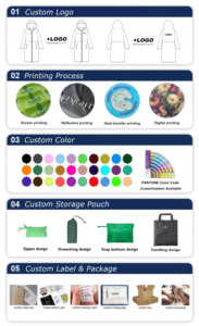 Áo mưa unisex chất liệu polyester in logo tùy chỉnh, màu đen, dài, có mũ trùm đầu, khóa kéo chống thấm nước & dây điều chỉnh eo - Product Image 6