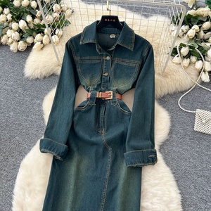 Vestido de mezclilla retro de manga larga con solapa y cintura atada, estilo maduro y elegante, de un solo botón, para mujer, que estiliza la figura. - Product Image 3