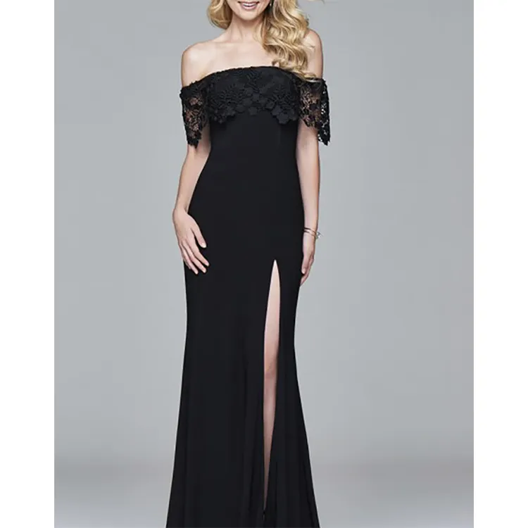 Superior Quality Long Black Lace V-Neck Overlay Sleeves Elegant Dresses Women gown evening dress