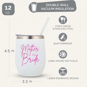 Vaso de vino para madre de la novia de acero inoxidable de doble pared de 12oz con recubrimiento en polvo con tapa y pajita, regalos de hija - Product Image 3