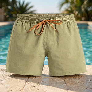 Shorts de Playa para Hombre, Color Verde Oliva Sólido, Secado Rápido, Cintura Elástica, Tejido Medio, Poliéster, Traje de Baño - Product Image 2