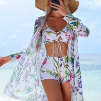 Set Baju Renang Wanita Tiga Potong, Bikini, Celana Boxer, dan Cover-Up, Bahan Spandex/Polyester, Pelindung dari Sinar Matahari, Modis untuk Pantai