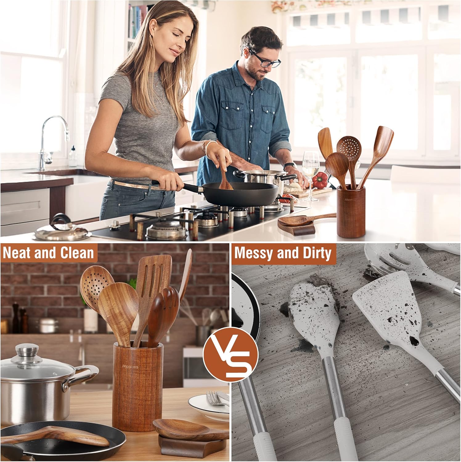 Set Di Utensili Da Cucina In Legno 9 Pezzi, Cucchiai Di Teak