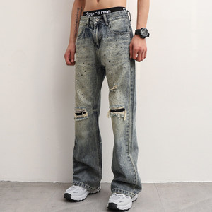 A24AZ-W615/Starry <span class=keywords><strong>Sky</strong></span> Jeans Rotos con Pedrería, Estilo Desgastado, Corte Recto Holgado para Hombre, Marca de Moda de Gama Media-Alta, Retro - Product Image 1
