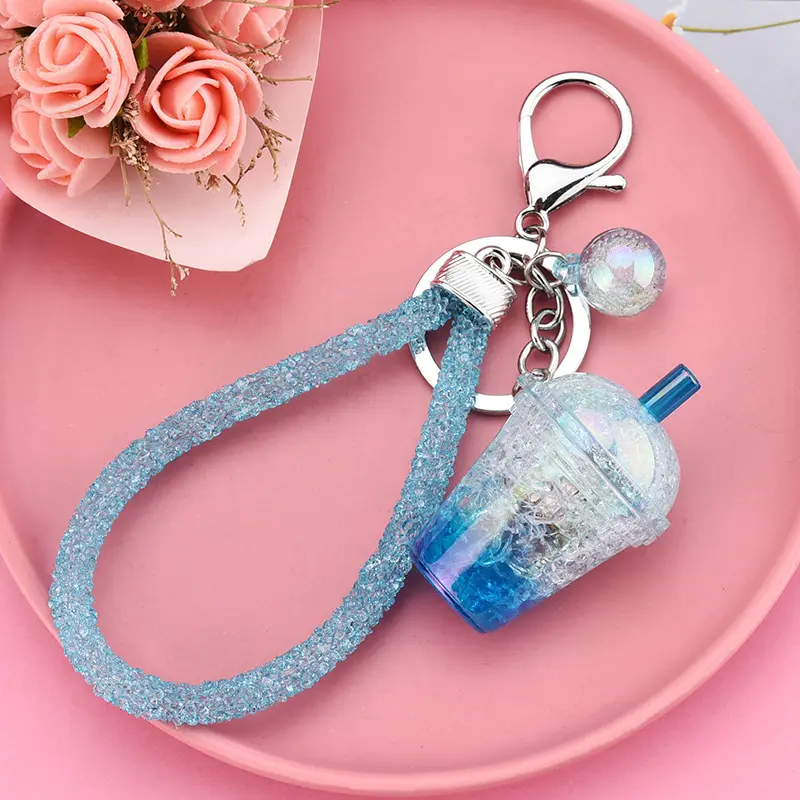 multicolour 3D kawaii cute keyring key chain ring creative floating quicksand liquid milk tea cup led light flashlight keychain
