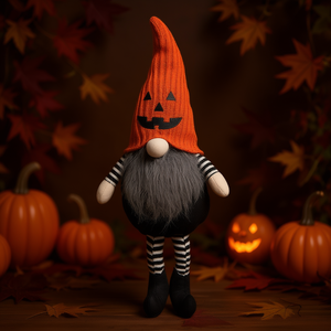 Gnomo in tessuto con cappello lavorato a maglia arancione, decorazione di Halloween, gnomo seduto per forniture festive. - Product Image 2