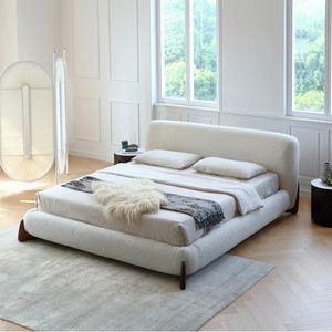 Cadre de lit plateforme moderne et minimaliste de style crème luxueux, avec tête de lit rembourrée douce, pour chambre principale, style Wabi Sabi, disponible en tailles Queen/King - Product Image 2
