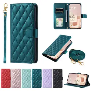 Mobile Phone Case Leather Flip Wallet Card Rhombic Check Magnet For Galaxy S24 S23 Ultra S22 S21 S20 FE S10 Note 20 10 9 Holster