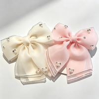 Barrette à cheveux élégante coréenne en organza avec grand nœud, décorée de perles et strass, pour femme, accessoire capillaire pour l'arrière de la tête, style doux et raffiné