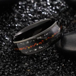 Poya Cincin Pernikahan kustom cincin karbida Tungsten hitam dengan tatahan tulang dinosaurus meteorit