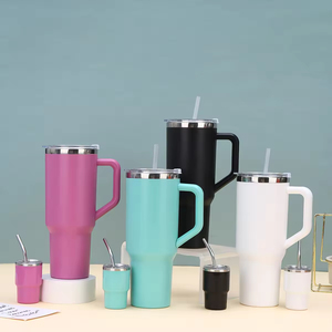 New 5 Piece Set 40oz Solid Color Tumbler Inner Steel Outer Plastic Portable Cup <b>With</b> Handle And <b>Straw</b> - Product Image 2