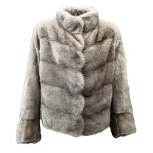 Long Sleeves Grey Color Winter Overcoat Women Luxury Genuine Mink Fur Coat