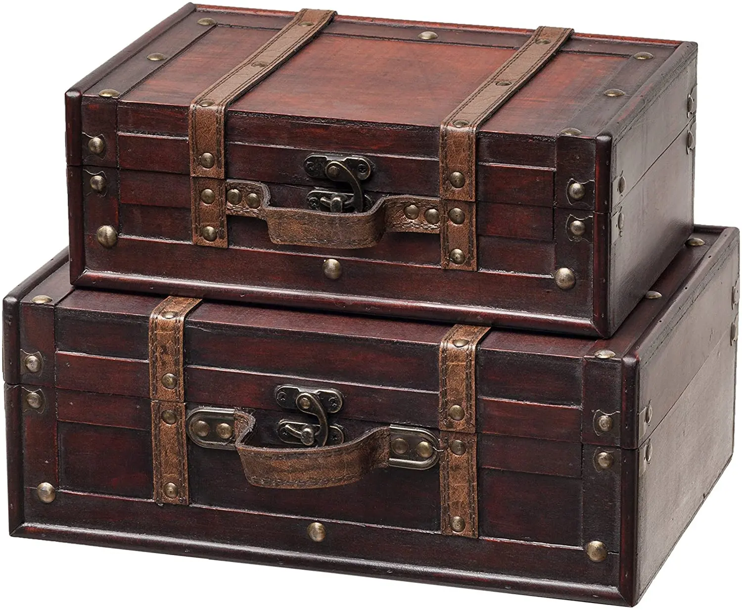 Bagasi penyimpanan kayu kecil dekoratif-Set 2 koper dada kayu dengan tali kotak antik antik kuno