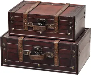 Decorative Small Wooden Storage Trunk - Set of 2 Wood Suitcase Chest with Straps Old-Fashioned Antique Box