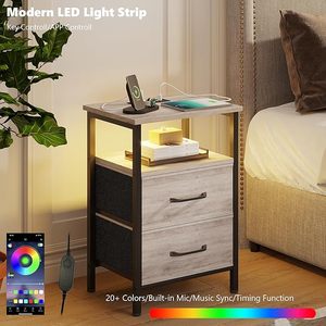 Juego de 2 Mesitas de Noche, Mesita de Noche con Estación de Carga y Luces LED, Mesa Auxiliar con 2 Cajones de Tela para Dormitorio - Product Image 4