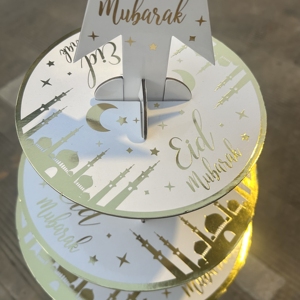 Support à Cupcake de luxe en feuille d'or à 3 niveaux Décoration de fête Eid Mubarak <span class=keywords><strong>Carton</strong></span> jetable avec forme numérique Emballé dans un sac - Product Image 5