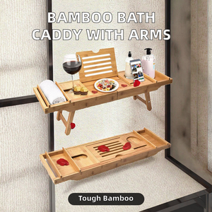 Tre tự nhiên gỗ Bốn mảnh tắm thiết lập mở rộng cánh tay và chân có thể điều chỉnh khay <span class=keywords><strong>Caddy</strong></span> cho bồn tắm và thư giãn - Product Image 2