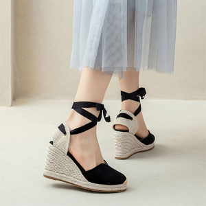 Sandalias de Plataforma con Cuña Negras para Mujer, Parte Superior de Lona Transpirable, Suela de Yute, Calzado Diario, Cierre de Tiras en el <span class=keywords><strong>Tobillo</strong></span>, Antideslizantes, Zapatos de Verano - Product Image 2