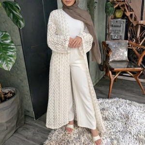 Crochet Lace Abaya Kimono <b>Cardigan</b> Long Sleeve Mesh Cover Up Modest Muslim Maxi Kaftan for Prayer Wedding - Product Image 3
