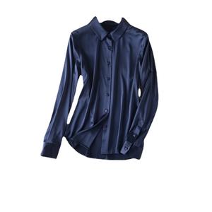 เสื้อเบลาส์ผ้าไหมหม่อนสำหรับผู้หญิงสีทึบแขนยาวผ้าซาตินด้านหน้าดีไซน์เรียบง่ายชุดทำงานสำนักงานแบบลำลอง - Product Image 5