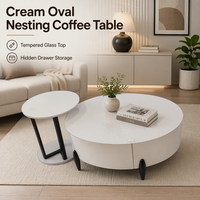Table basse ovale moderne nordique crème avec plateau en bois, tiroir dissimulé, multifonctionnelle, gain de place, écologique pour salon