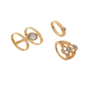 Ensemble de trois bagues à la mode en alliage d'or, bagues ouvertes avec incrustation de cristal, bijoux cadeaux pour femmes - Product Image 4