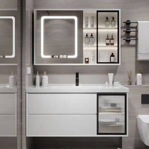 Modern Solid Wood & MDF Bathroom Vanity Unit with Ceramic Basin Wall-Mounted <b>Cabinet</b> and LED Mirror - Product Image 1