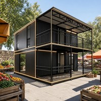 Maison conteneur modulaire à deux étages, noire, en tôle ondulée, avec éclairage LED, pour stand de marché, boutique, commerce de détail, balcon, vente en gros, OEM