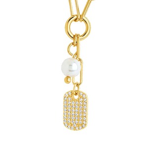 Collier Y Gemnel tendance en <span class=keywords><strong>laiton</strong></span> <span class=keywords><strong>plaqué</strong></span> or 18 carats PVD avec micro-pavé de zircone cubique, pendentif rectangulaire en forme de plaque militaire et perle pour femme - Bijoux - Product Image 1