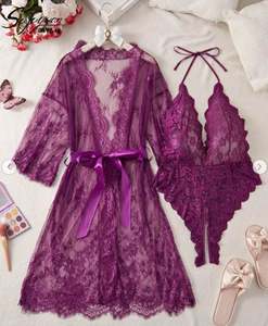 B069 <b>Sexy</b> <b>Sheer</b> Women's <b>Lingerie</b> Lace Robe Bodysuit & Long Sleeved Nightgown Set with Bow Tie Belt 100% Polyester Mesh - Product Image 2