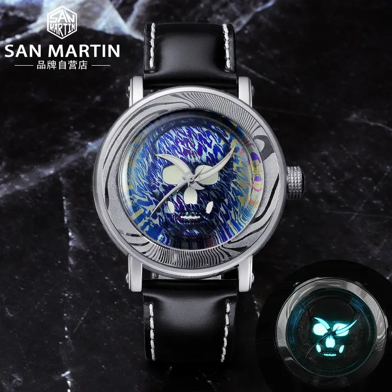 Rts gratuito nave san martin de la cúpula de cristal de zafiro de acero de Damasco luminosa sw200 mecánico automático reloj esqueleto para la venta