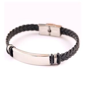 Fashion Magnetic Clasp Men's Stainless Steel Bracelet Custom <b>Engraved</b> logo Blank Charm Leather Bracelets - Product Image 6