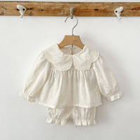 Tenue 2 pièces en dentelle brodée pour bébé fille, haut à manches longues avec col Peter Pan + short à volants, ensemble d'été décontracté pour princesse