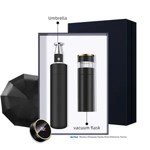 customise Automatic 3 folding umbrella 316L vacuum flask 2 in 1 oriental style corporate gift set