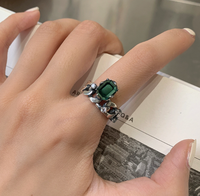 Bague de 2 pièces en plaqué argent 925, style français rétro, émeraude