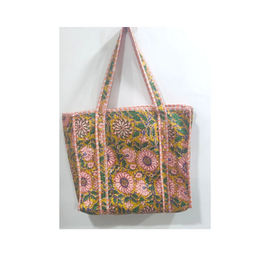 <b>Quilted</b> Cotton <b>Tote</b> <b>Bag</b> | Peach Floral Print Reversible Carryall Shoulder <b>Bag</b> for Women with Handmade Boho Textile Design - Product Image 1