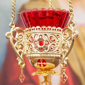 Turibolo Dorato da Chiesa Ortodossa con Finiture in Pietre Preziose e Set <span class=keywords><strong>Calice</strong></span> in Vetro Rosso Decorazione per Altare Rituale Bruciatore di Incenso Vaso Sacro - Product Image 6