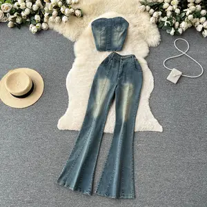 Women's Sets Tops High Waist Denim Vintage Pants 2 Piece Set Women Clothing Wholesale