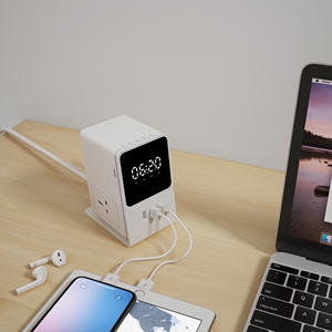 New Arrival hộ gia đình đa chức năng phổ USB mở rộng Ổ cắm điện với Bluetooth Loa kỹ thuật số Đồng hồ báo thức - Product Image 5