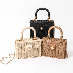 New rattan black straw Shoulder Bag Women hand-woven Messenger Bag Summer Beach Square box Straw Handbag