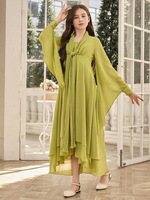 Nouvelle Abaya Longue pour Filles Musulmanes, Couleur Unie, avec Détail à Nouer à l'Avant, Manches Évasées, Olive, Vêtements Islamiques pour Enfants