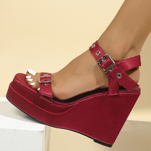 <b>Ankle</b> Buckles Women Metal Rivets Pumps High Wedge <b>Heels</b> Sandals Dress Diamonds Thick <b>Platform</b> Satin Shoes - Product Image 5