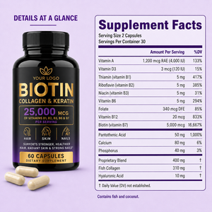 Suplemento de Biotina al por Mayor, Certificado GMPC e ISO, Sin OMG, Nutre el Cabello, la Piel y las Uñas, Apoyo Nutricional, Cápsulas de Colágeno y Queratina - Product Image 3