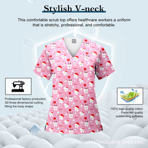 HZMNOI Dental Scrub Top V-Neck Short Sleeve Pink Tooth Print 95% Cotton 5% Spandex Moisture Wicking for Clinic Use - Product Image 5