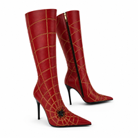 Bottes hautes rouges en PU pour femmes, motif toile d'araignée dorée, bout pointu, talons aiguilles de 12 cm, vente en gros, faible MOQ