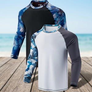 Unisex Full Sleeve Rash Guard Spandex Polyester Anti-Uv Printed Swim <b>Shirt</b> Top Adult Blue Palm Pattern Long Sleeve - Product Image 2